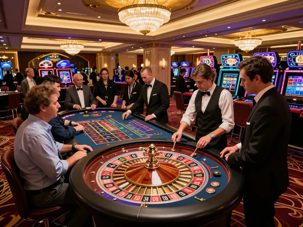 Experience the thrill of roulette at gameradar's casino floor, where players place dynamic bets in an elegant atmosphere.