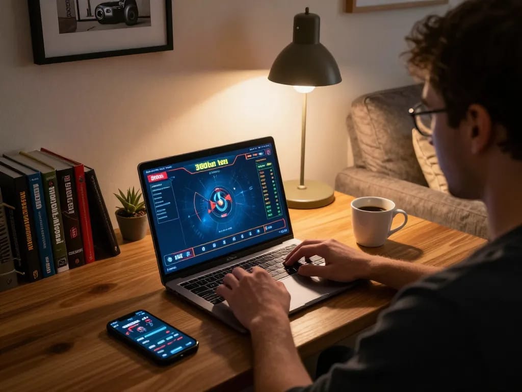 Player enjoying 388bet online gaming on a cozy laptop setup with a warm inviting atmosphere