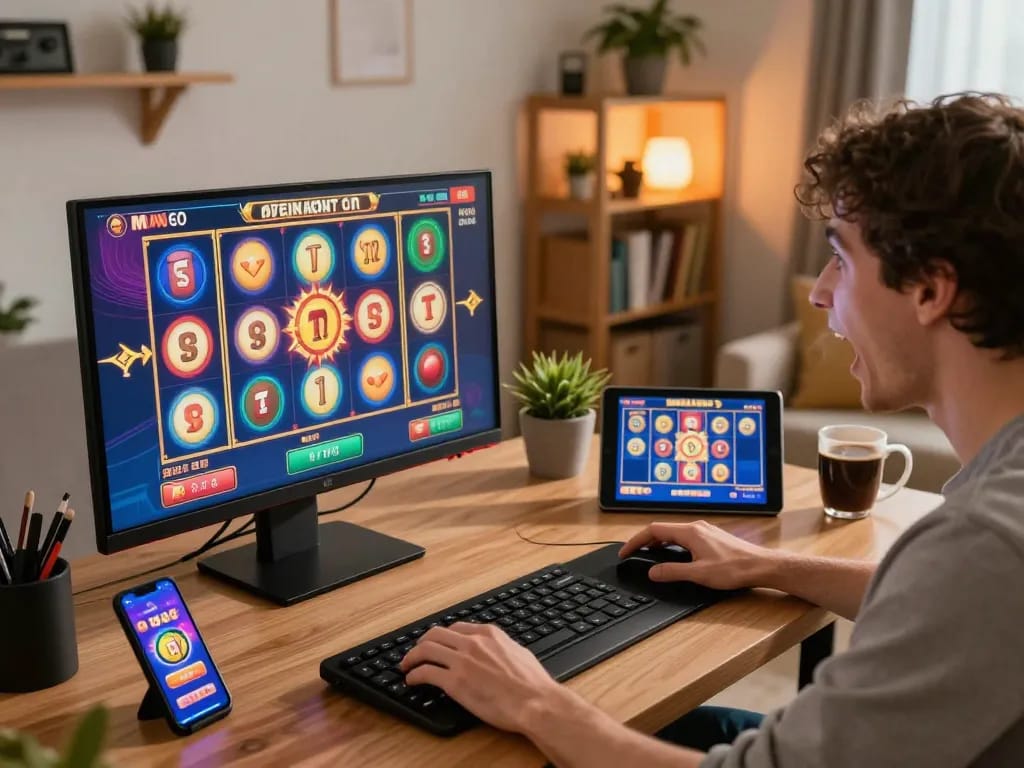 Engaged player enjoying slot online excitement on their desktop, colorful reels spinning and cozy home atmosphere.