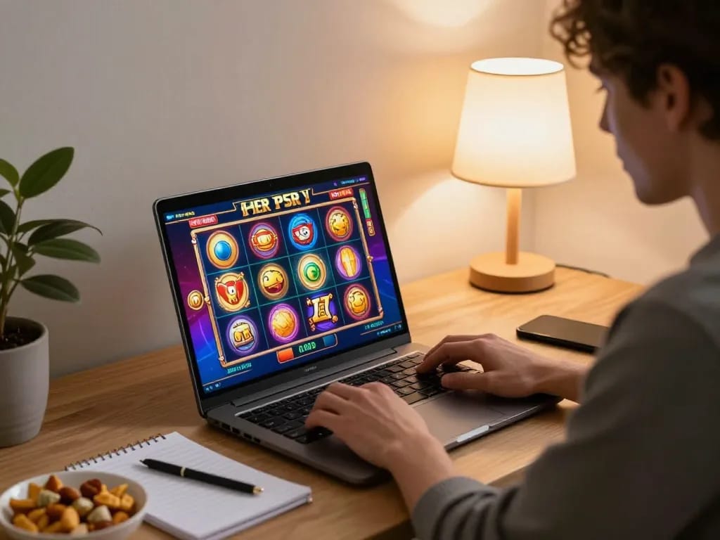 Player enjoying slot games on laptop while planning winning strategies at home