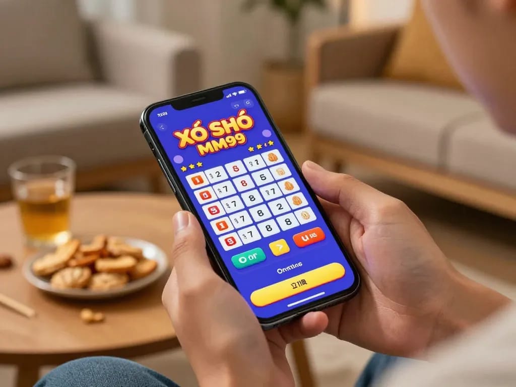 Xổ Số MM99 player enjoys a strategic online lottery game at home, smartphone in hand.