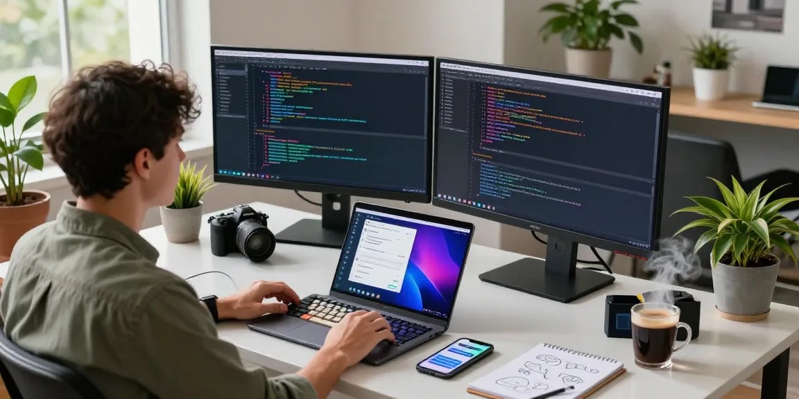 Developer programming on CrushonAI chat application in a tech workspace with dual monitors.