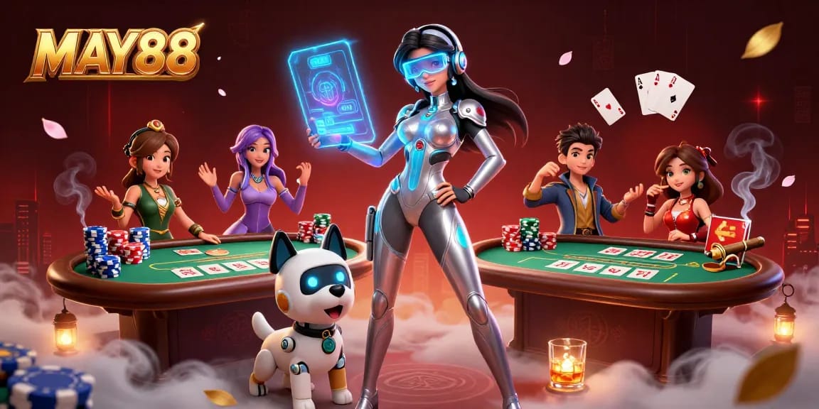 MAY88 reveals dynamic poker excitement with a stunning woman, robot dog, and vibrant casino elements.