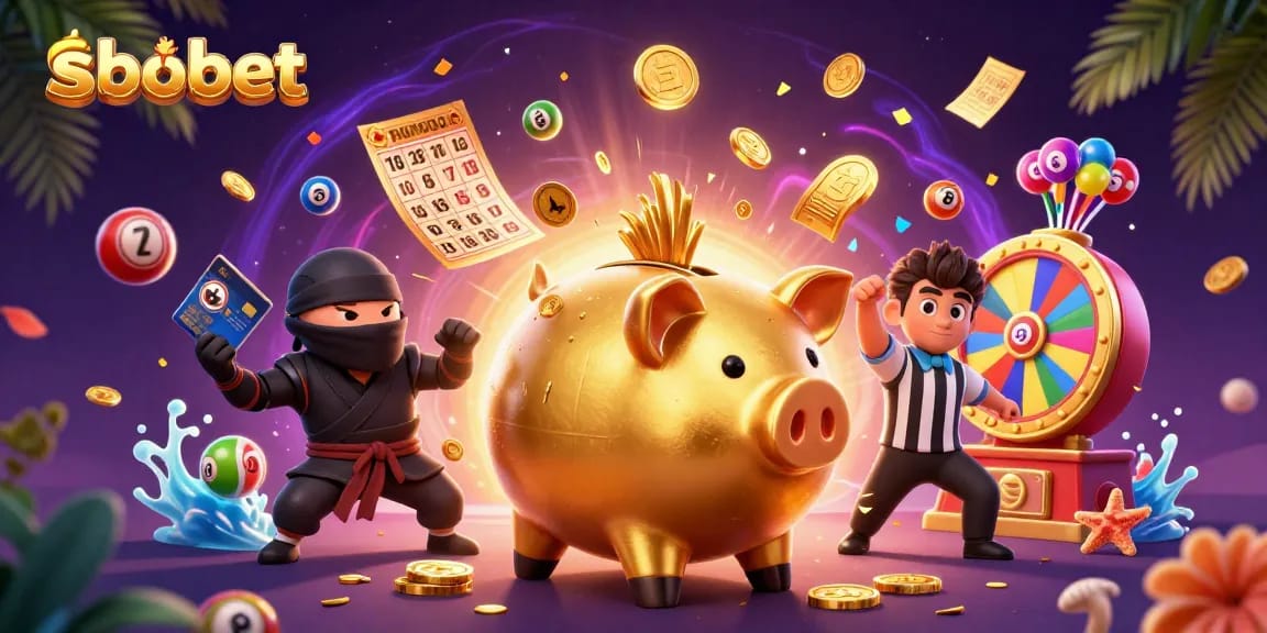 Experience sbobet betting excitement with a dynamic scene of vibrant characters and casino elements.