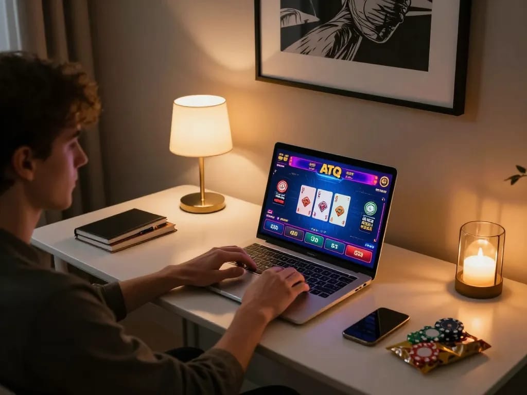 Enjoying a thrilling online ATQ gaming session with cards on screen in a stylish and casual home office.