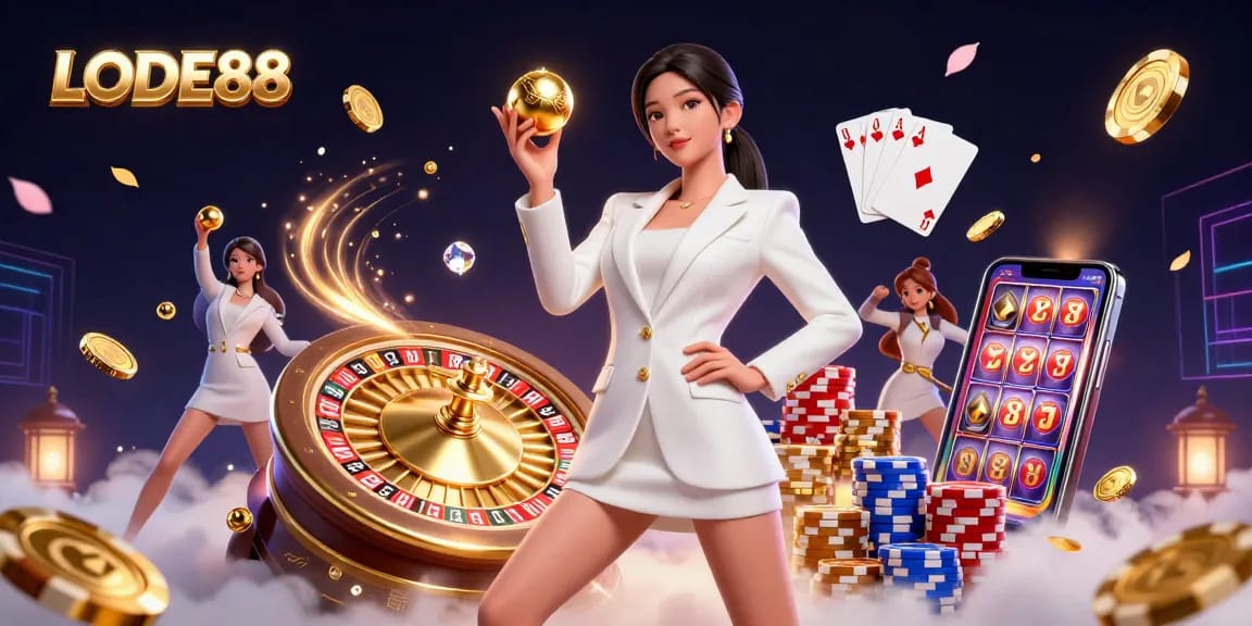 Win big with LODE88 as a glamorous casino scene unfolds, showcasing a confident Asian woman holding a golden roulette ball.