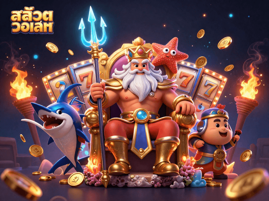 Win big with สล็อตวอเลท in this vibrant 3D digital illustration featuring Neptune.