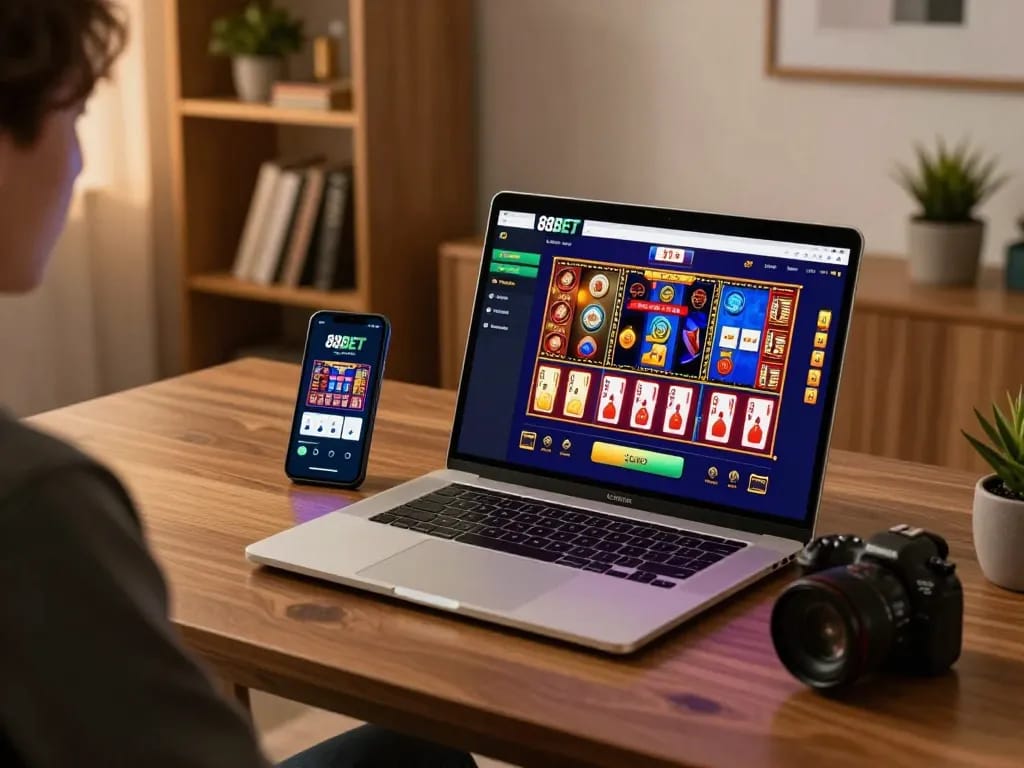 Player engaging with 88BET online casino on laptop while exploring game options at home.