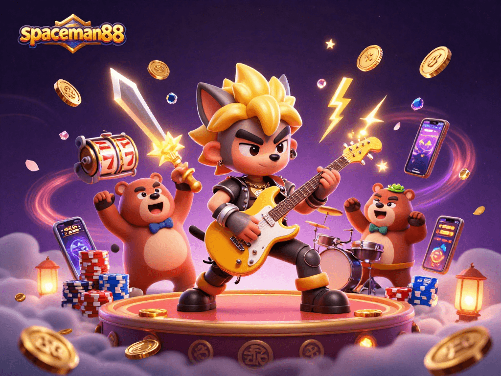 Join spaceman88 in a vibrant casino scene where a rock star wolf plays guitar amidst cascading golden coins and sparkling jackpots.