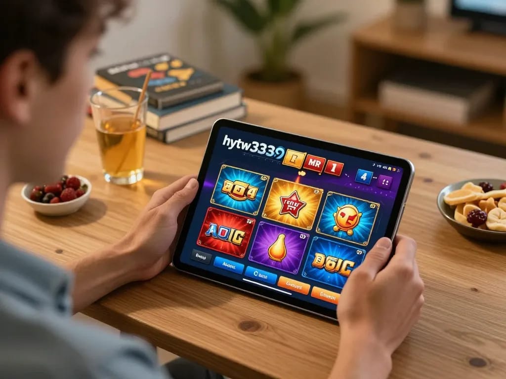 Player engaging with hytw3339a casino app on tablet, enjoying a vibrant online gaming experience.