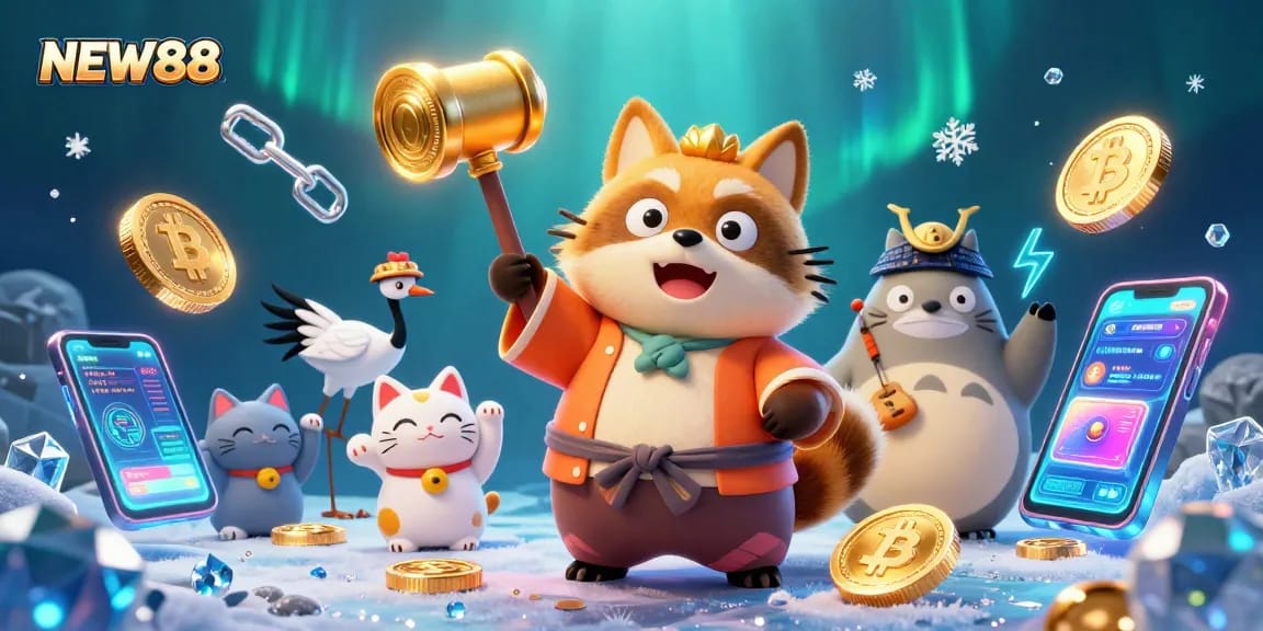 Engage with NEW88's vibrant casino activities illustrated with cheerful tanuki, crypto coins, and lucky symbols.