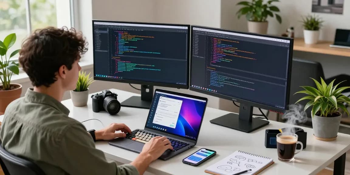 Developer programming on CrushonAI chat application in a tech workspace with dual monitors.