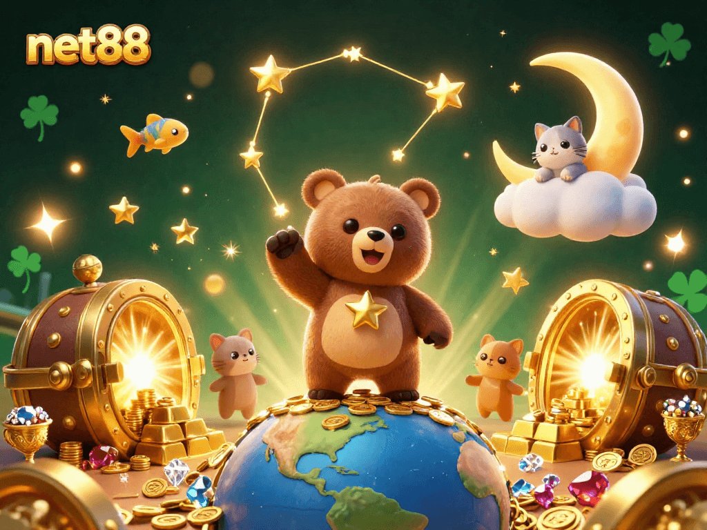 Engage with thrilling net88 gameplay featuring a constellation bear and golden treasures.