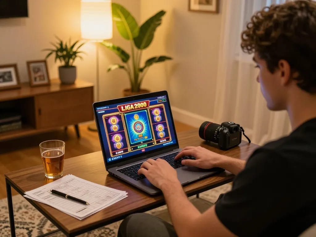 LIGA2000 player enjoying engaging slot games on laptop in cozy home setting