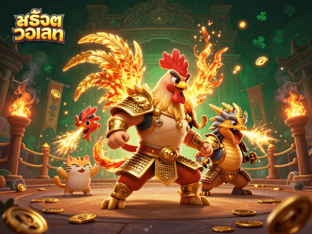 เล่นสล็อตวอเลท within a vibrant 3D scene featuring a powerful rooster warrior and dragon hatchling.