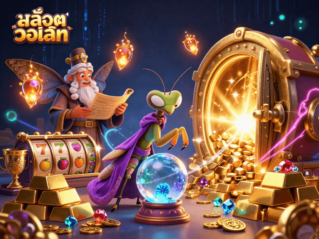 Engage with สล็อตวอเลท features through colorful slot symbols among vibrant, rich casino elements.