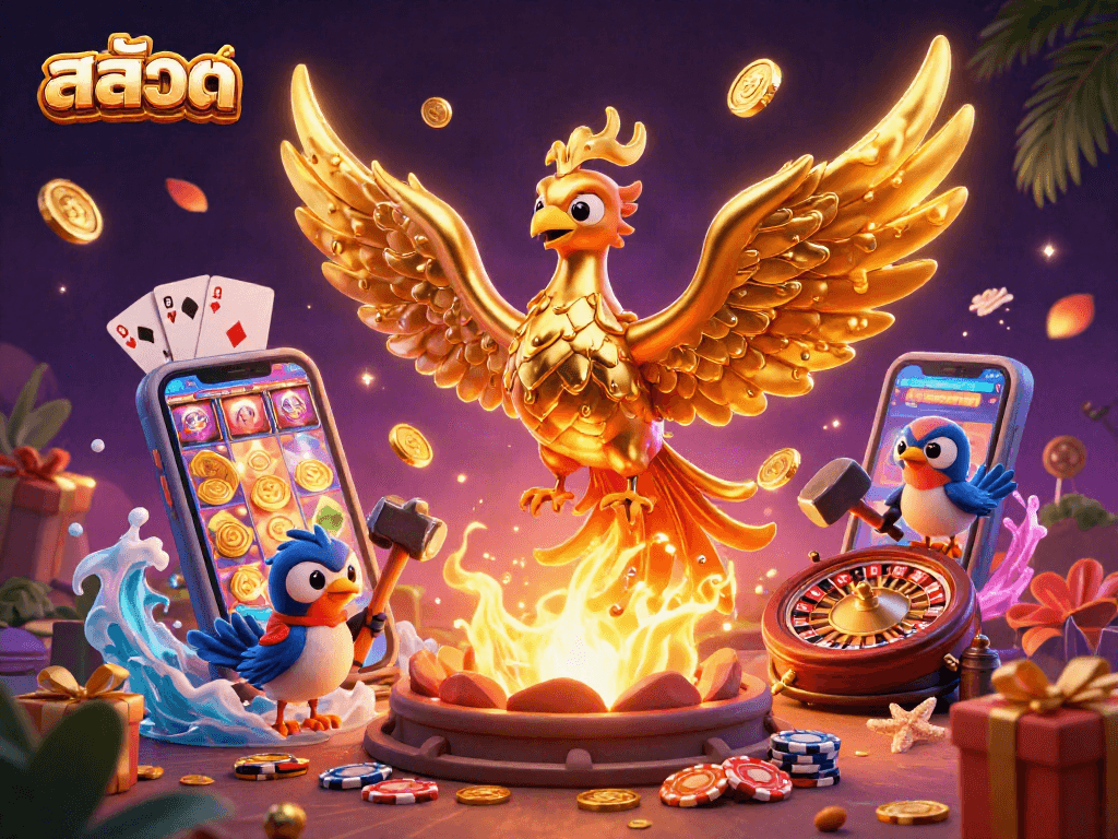 Experience thrilling สล็อต gameplay with a golden phoenix and vibrant casino elements.