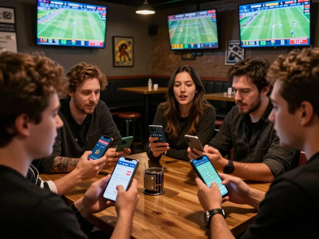 Exciting live sports betting scene at af88 com, showing fans engaging with apps and game stats.