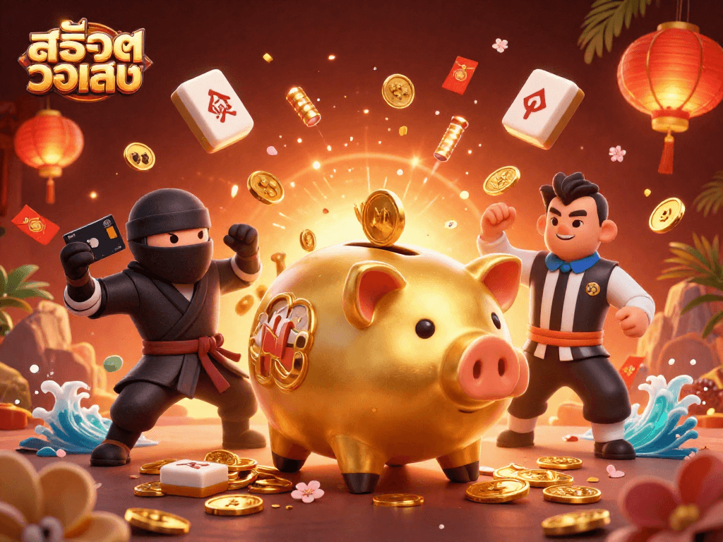 Experience สล็อตวอเลท with a golden piggy bank sumo and vibrant, dynamic elements in a casino-themed illustration.