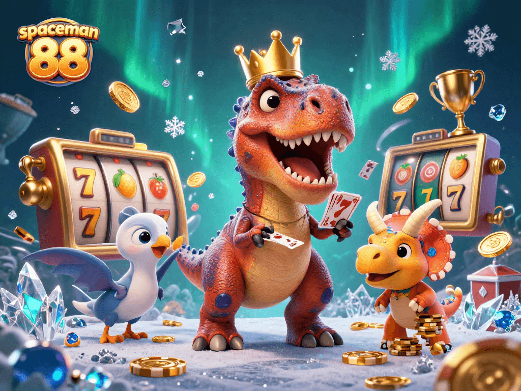 Experience the thrill of spaceman 88 as a T-Rex shuffles cards beside lively casino elements.