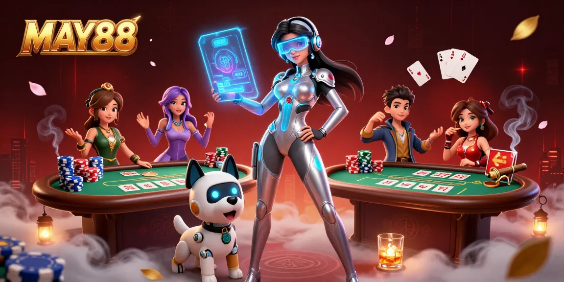 MAY88 reveals dynamic poker excitement with a stunning woman, robot dog, and vibrant casino elements.