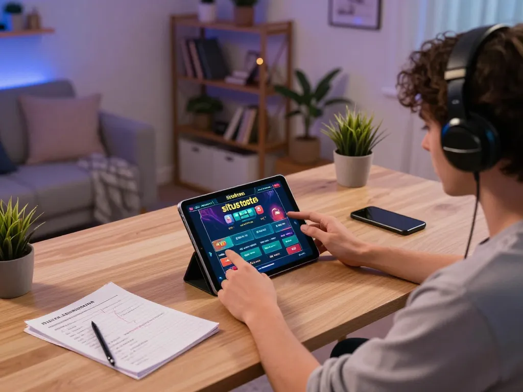 Terlibat dalam permainan situs toto online, menampilkan seseorang yang merencanakan strategi di meja yang stylish selama sesi di rumah modern.