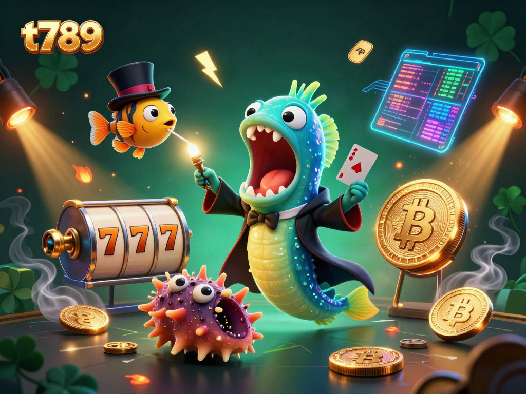 Experience thrilling gaming with t789, featuring a bioluminescent eel magician performing card tricks amidst casino elements.