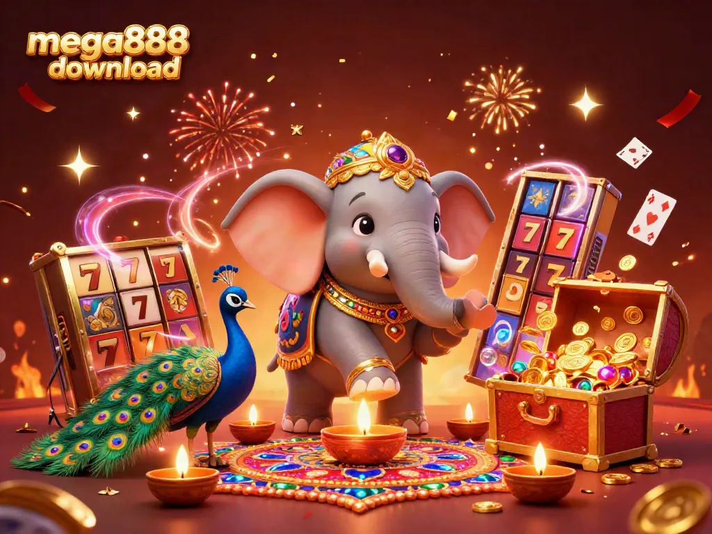 Experience mega888 download excitement with a vibrant 3D scene of casino elements and Diwali celebration.