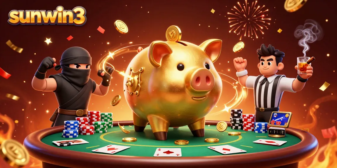 Experience the excitement of sunwin3 with a dynamic 3D casino showdown featuring a golden piggy bank sumo wrestler.