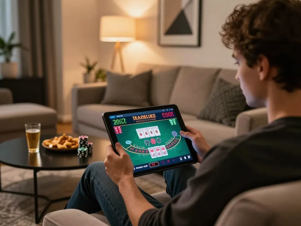 Engaging in online casinos in Canada with live dealer blackjack on a tablet at home.