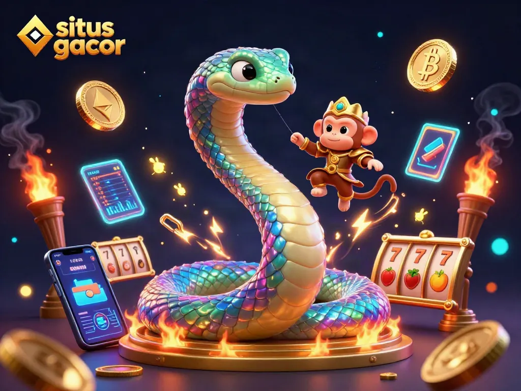 Visualisasi menarik dari situs gacor dengan karakter kasino fantasi dan elemen permainan yang penuh warna