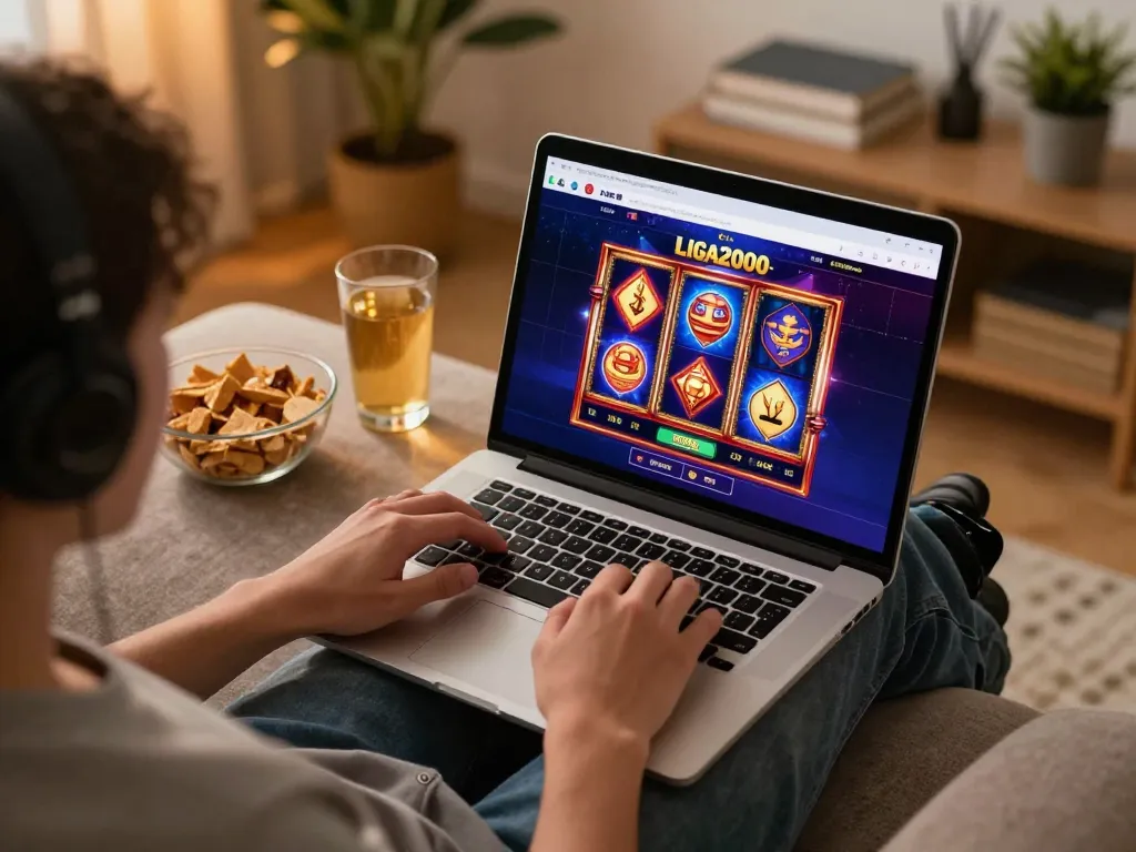 LIGA2000 player enjoying an online casino game while relaxing on the couch with snacks nearby.