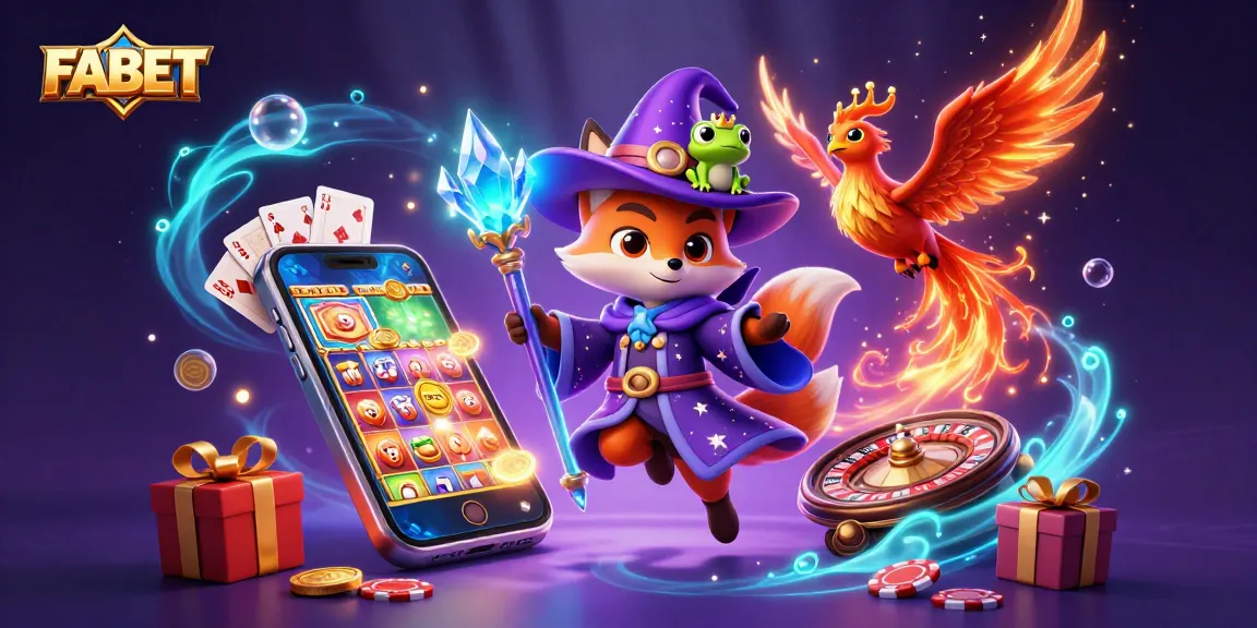 Win big with FABET in this vibrant 3D casino scene featuring a wizard fox and phoenix.