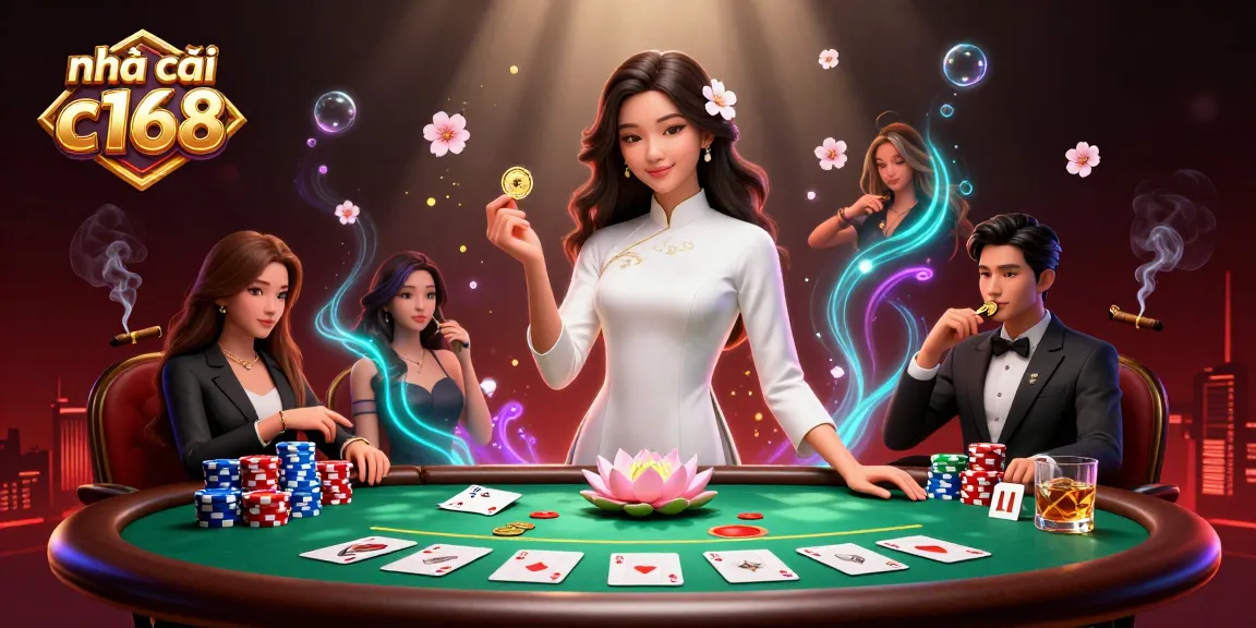 Experience the thrilling action at nhà cái c168 with a stunning casino illustration showcasing vibrant poker elements.