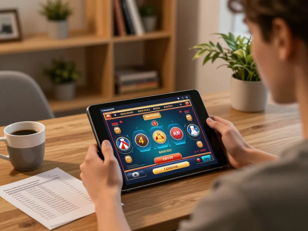 Engaging with casinos not on Gamstop through a tablet, showcasing online gaming setup and cozy environment.