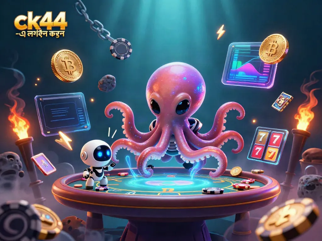 Engage with ck44 -এ লগইন করুন in a vibrant casino scene featuring an alien octopus and robot at a poker table.