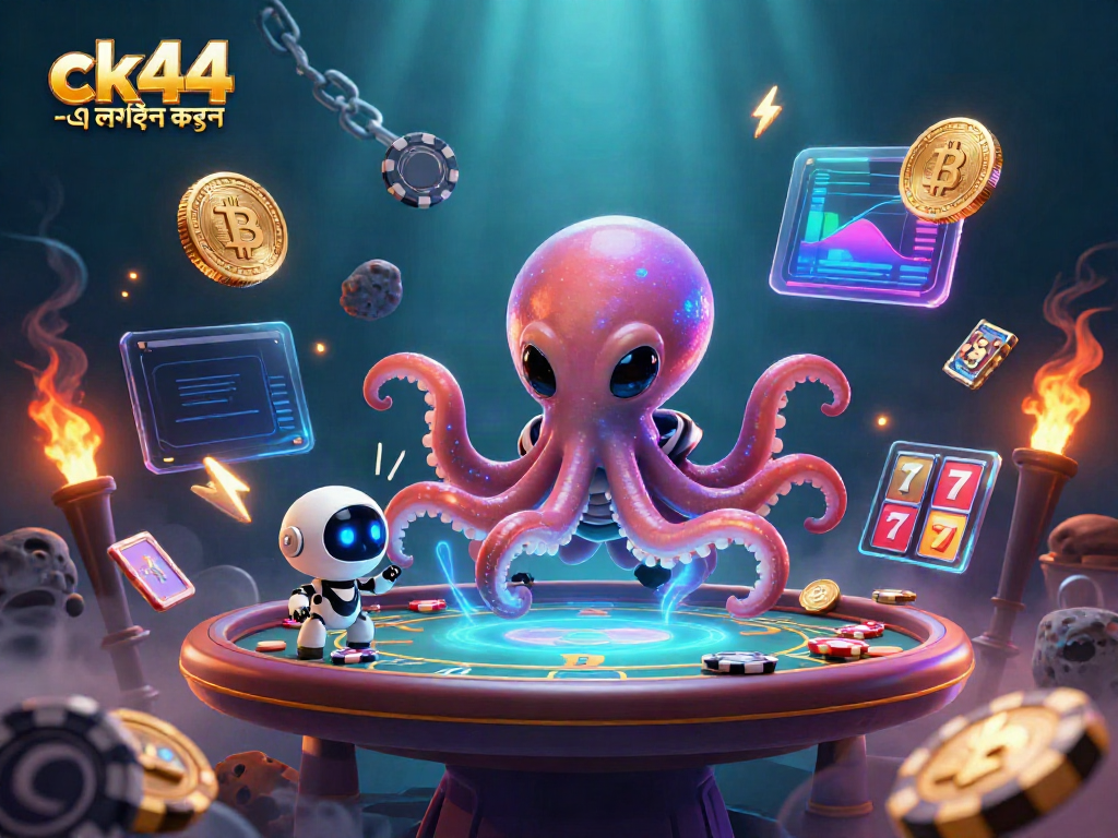 Engage with ck44 -এ লগইন করুন in a vibrant casino scene featuring an alien octopus and robot at a poker table.
