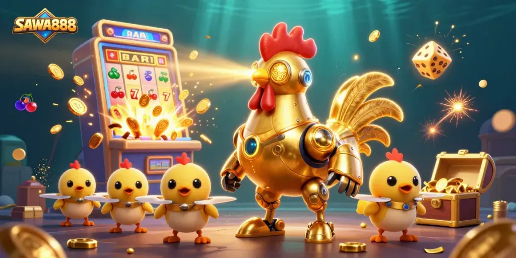 Engage with SAWA888's thrilling slot machine adventures, featuring dynamic laser action and vibrant casino elements.