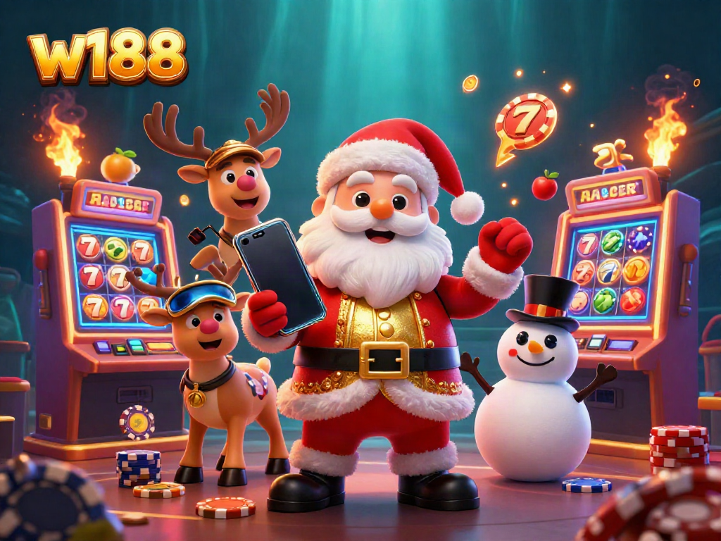 Experience the excitement at W188 with Santa and friends showcasing jackpot slots in a vibrant casino setting.