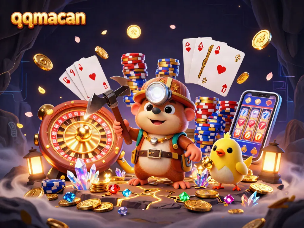Experience the thrill of winning with qqmacan's treasure hunter mole uncovering jackpots in a vibrant casino scene.