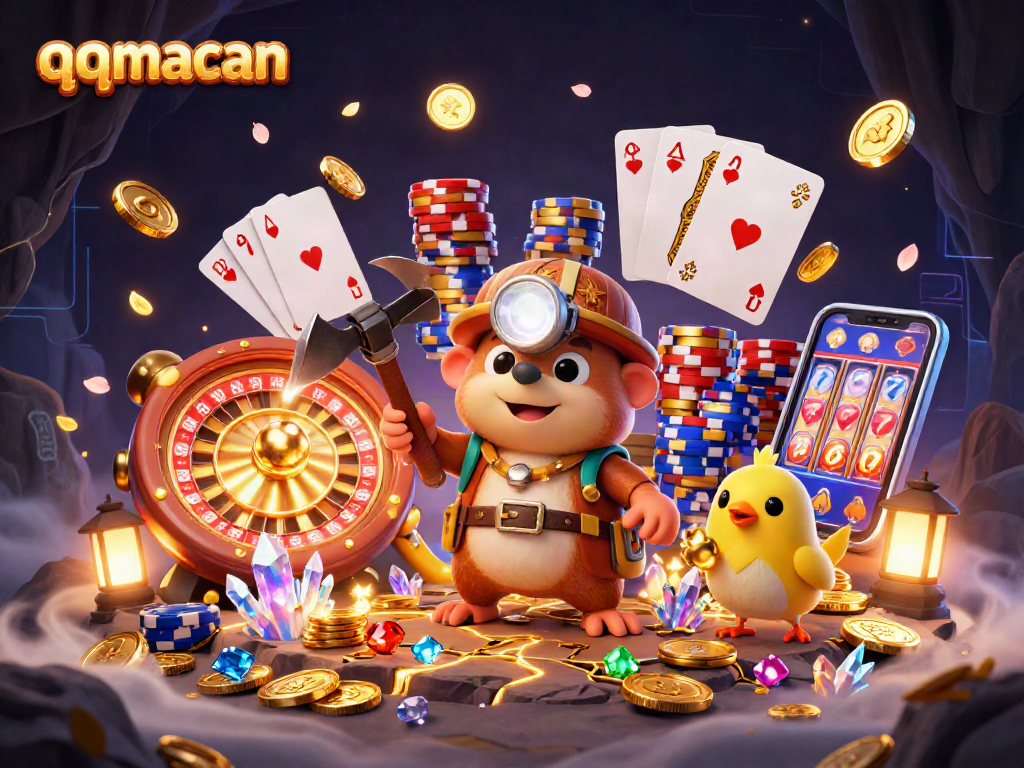 Experience the thrill of winning with qqmacan's treasure hunter mole uncovering jackpots in a vibrant casino scene.