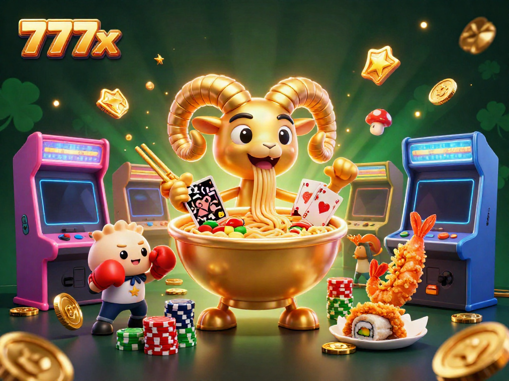 Engage with 777x featuring a giant golden ramen bowl character dealing cards amidst casino elements, surrounded by dynamic gaming machines.