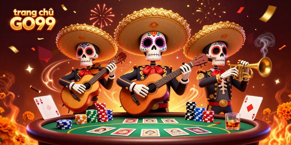 Join the vibrant scene at trang chủ GO99 where a mariachi band celebrates with poker and confetti.