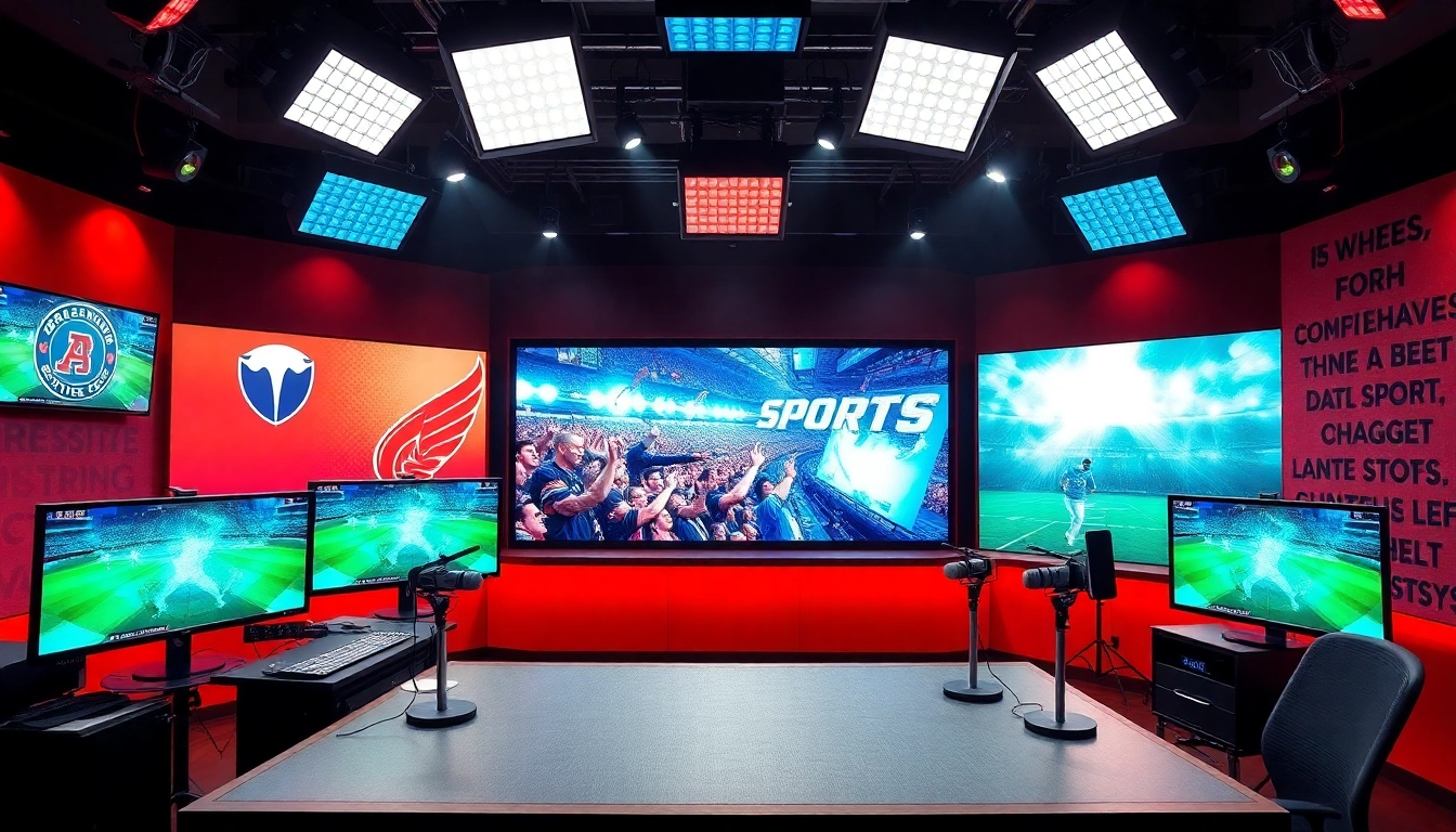 Engaging sports broadcasting setup featuring vibrant colors and advanced equipment.