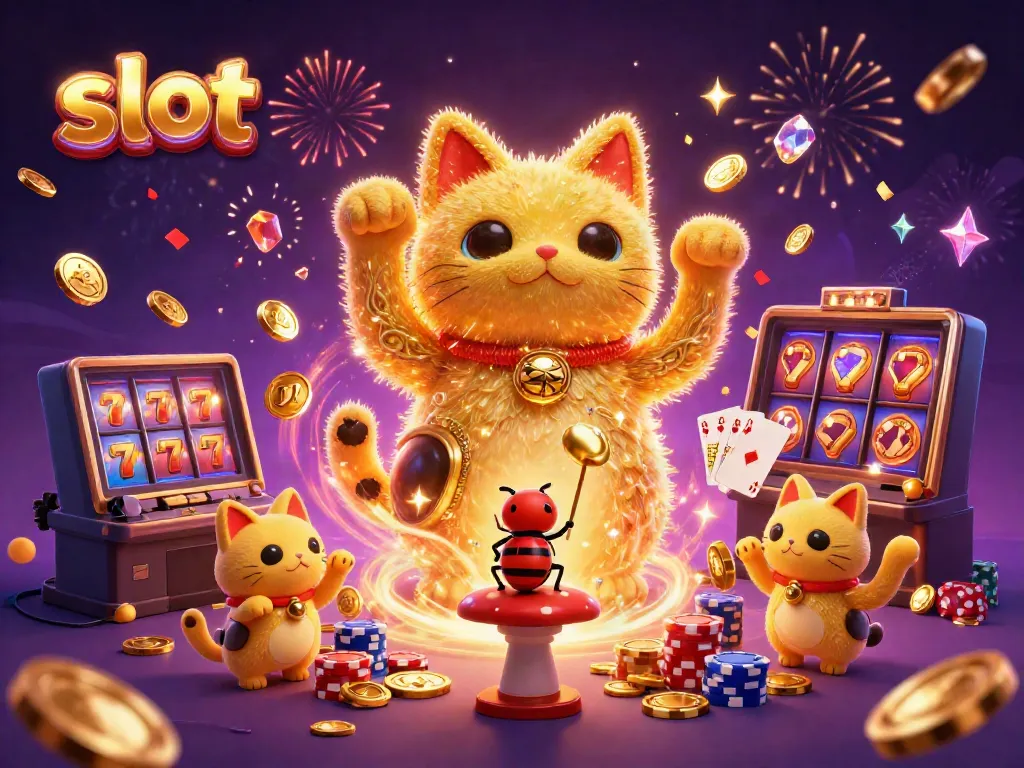 Slot simbol keberuntungan dengan kucing keberuntungan dan laba-laba kecil, meriah dan menawan.