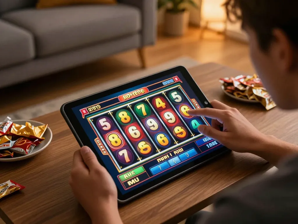 Playing slot toto on a tablet in a cozy home setup, showcasing vibrant gameplay.