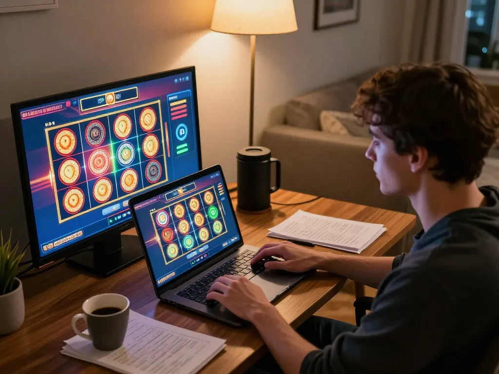 spinadvisor engaging in an online slot game with vibrant graphics displayed on laptop