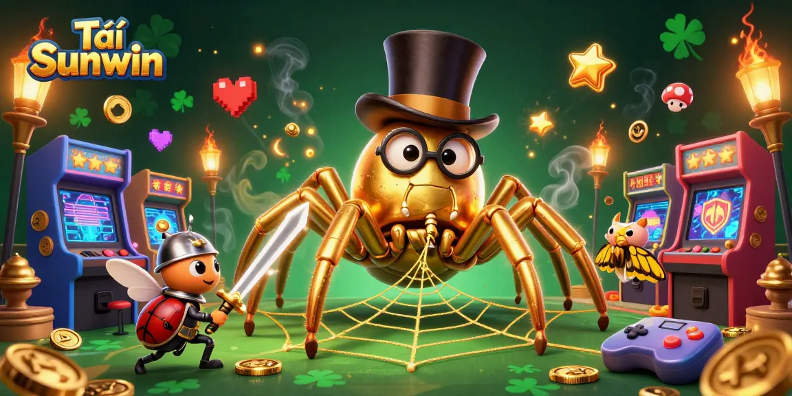 Tải Sunwin by revealing a golden tarantula heroically networking between vibrant casino elements in this dynamic illustration.