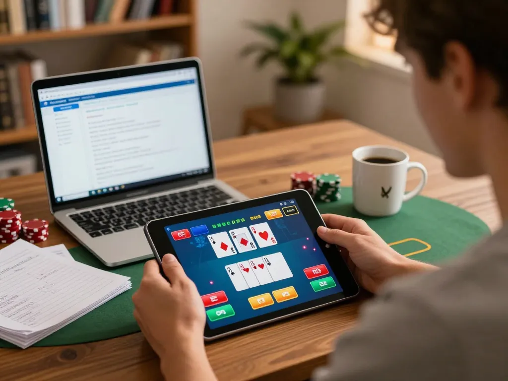 Engaging in online poker games at home using DH88 app on tablet, showcasing a strategic gameplay moment.