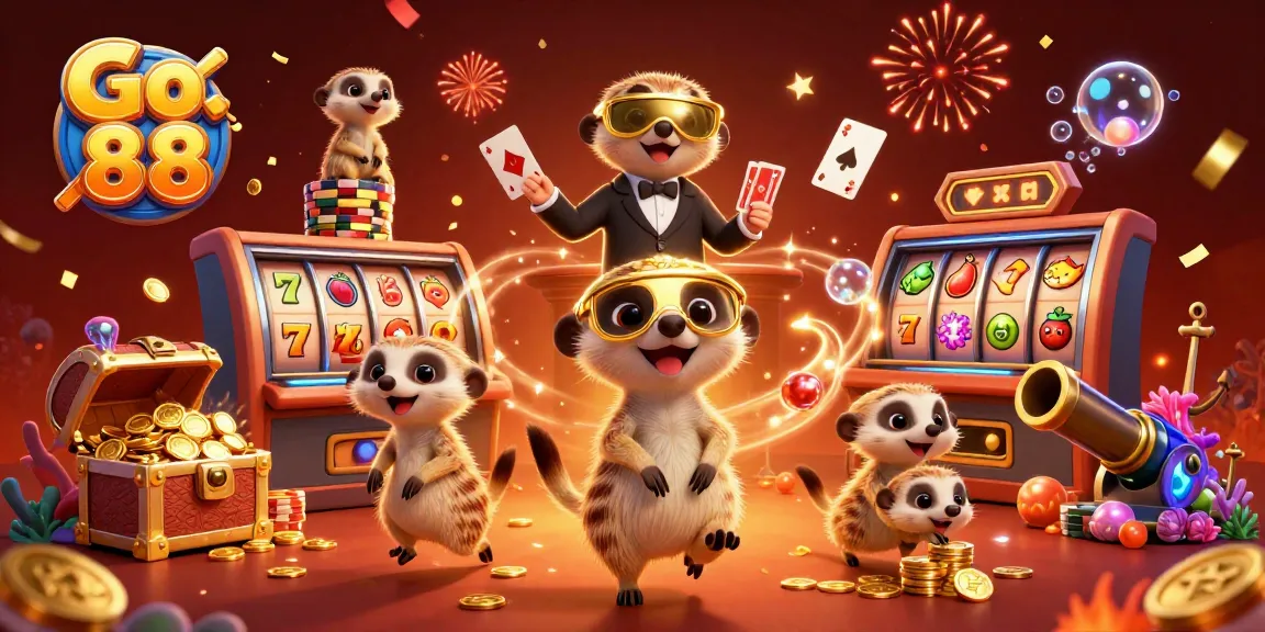 Experience the excitement at Go 88 with lively meerkats managing a colorful casino scene.